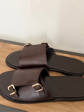 Men's Brown Leather Slide Sandals with Buckle Detail